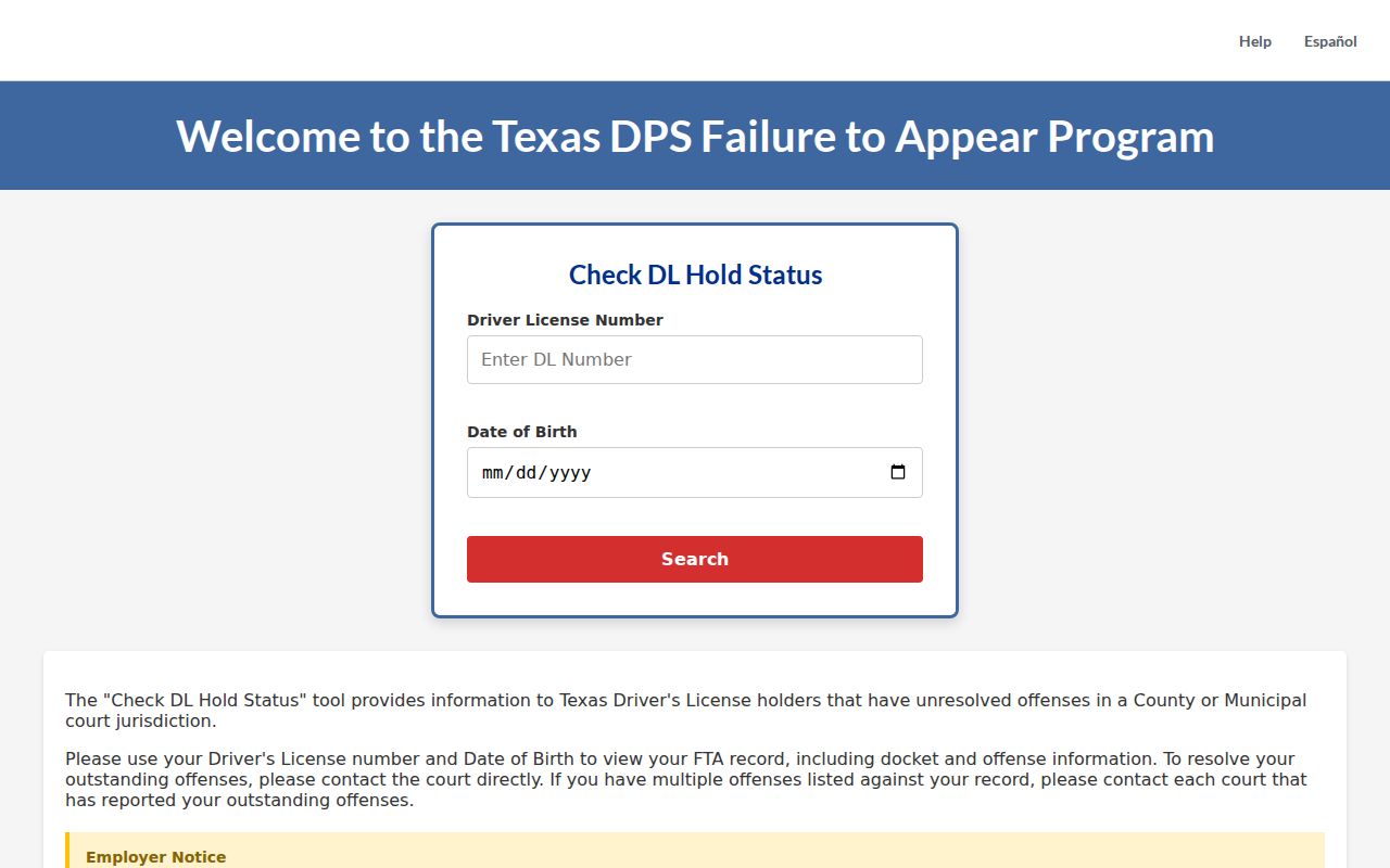 Texas traffic warrant page reference to the blank FTAP license and birth-date fields