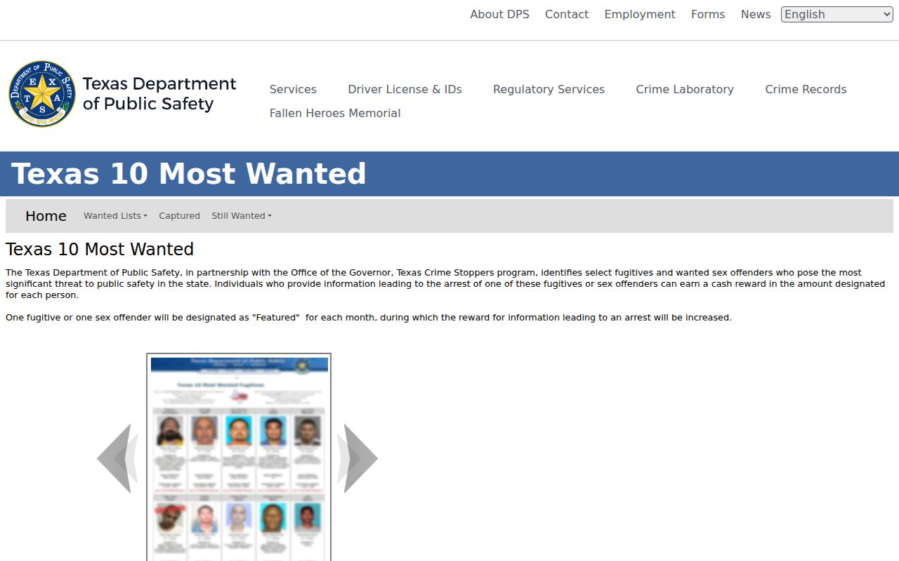 Texas State Most Wanted program title and categories