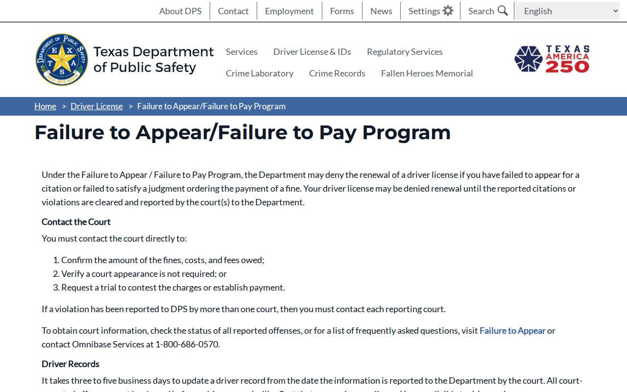 Texas traffic warrant page reference to DPS contact-the-court guidance