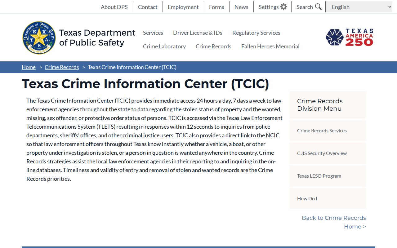 Texas warrant database page reference to the DPS TCIC description