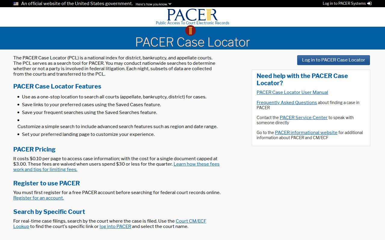 Texas warrant database page reference to the PACER federal case locator